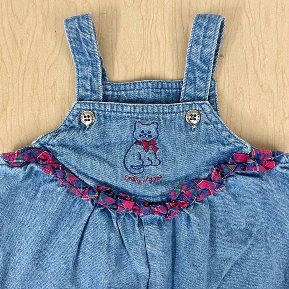 Vintage OshKosh Denim Overalls Girls 18M Cat Embroidered Plaid Ruffles B’Gosh - Picture 1 of 5